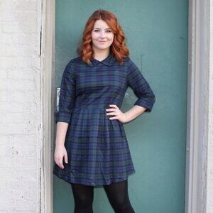 ** KLING Black Watch Plaid Academia Collared 3/4 Sleeve Mini Dress Size 1/ XS